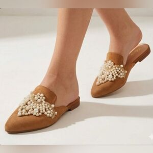 Elegant Brown Faux Suede Mules with Pearl Embellishments Sz 7.5